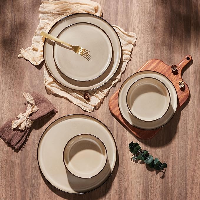 E-far 12-Piece Plates and Bowls Set, Stoneware Dinnerware Sets for 4, Reactive Glaze Ceramic Dinning Ware Dishes, Microwave & Dishwasher Safe - Sandy Beige