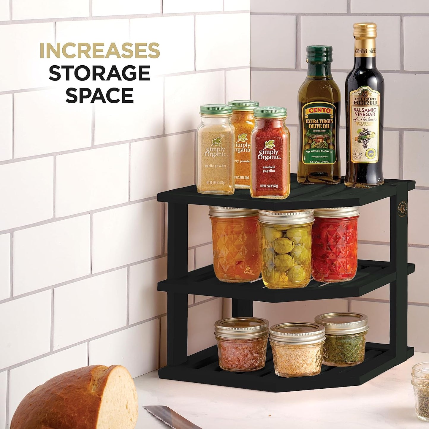 Cabinet Organizer Shelf - Bamboo Corner Rack for Kitchen Counter, Cabinet Space Saver for Plates, Dishes, Bowls, Bread Pantry, Bathroom Storage or Countertop Stand, Black