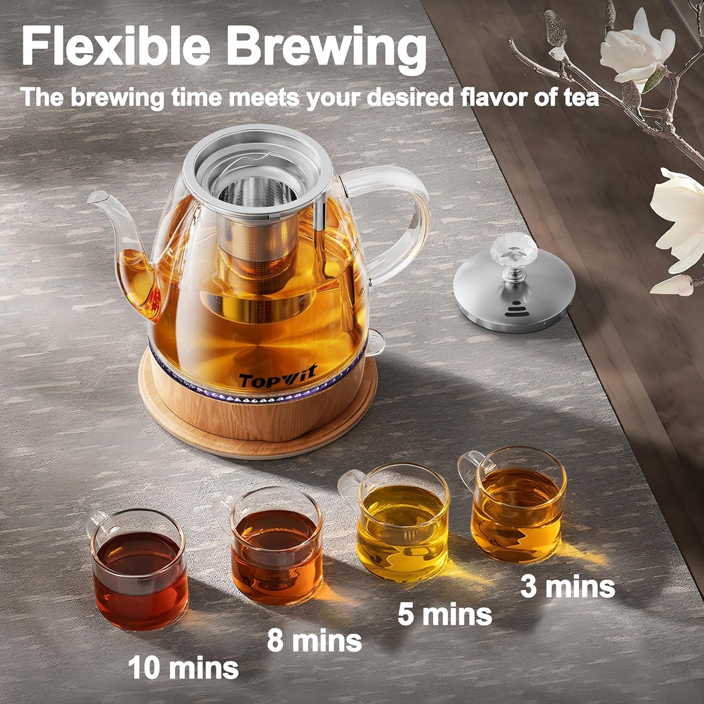 Topwit Electric Kettle Glass, For Hot Water, Tea and Coffee Dual Purpose Design, BPA-Free, 1L Pour Over Removable Stainless Steel Infuser, Auto-shut Off & Boil-dry Protect