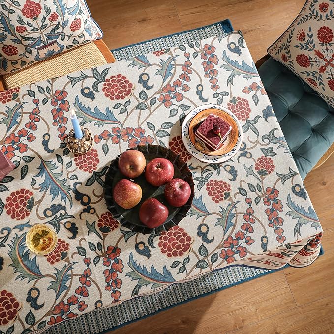 patdrea Designer Vintage Linen Tablecloth for Rectangle Table,French Soft Durable Floral Tablecloths,Colorful Table Cover for Kitchen Dining,Parties,Christmas,Thanksgiving,Party,63"x87"-Puno