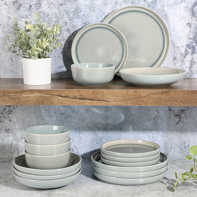 Gibson Elite Juno Moon 16-Piece Reactive Blue Double Bowl Dinnerware Set – Durable Stoneware Plates and Bowls